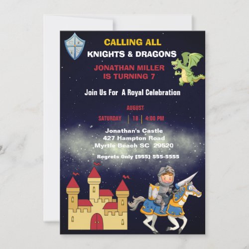 Kids Knight On Horse Dragon Birthday Party  Invitation