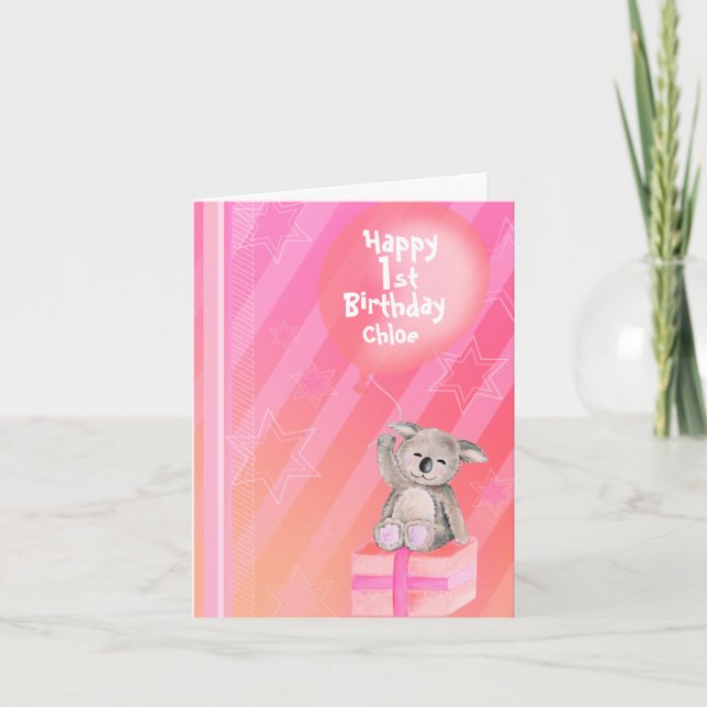 Kids Koala pink girls 1st birthday card (Front)