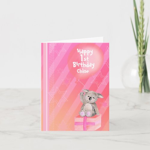 Kids Koala pink girls 1st birthday Card