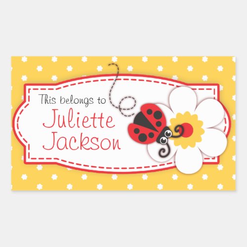 kids ladybug book plate id name yellow sticker