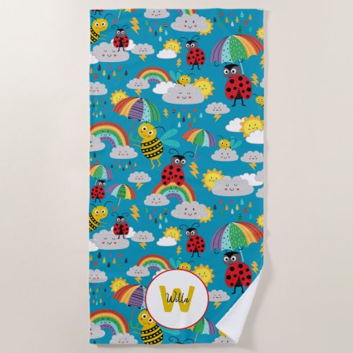 Kids Ladybug Bumblebee Rainbows Personalized Beach Towel