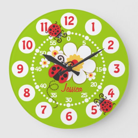 Kids Ladybug & Flower Cute Green Girls Wall Clock