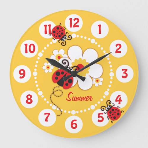 Kids ladybug  flower cute yellow girls wall clock