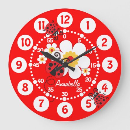 Kids Ladybug & Flowers Bright Red Wall Clock