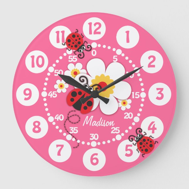 Kids ladybug & flowers cute pink girls wall clock (Front)