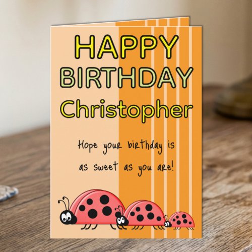 Kids ladybugs add name orange birthday card