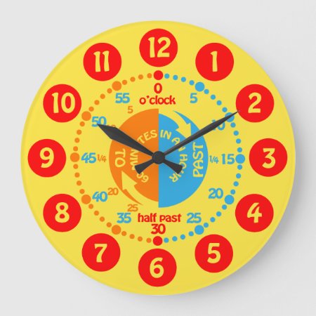 Kids Learn To Tell Time Yellow Red Blue Wall Clock