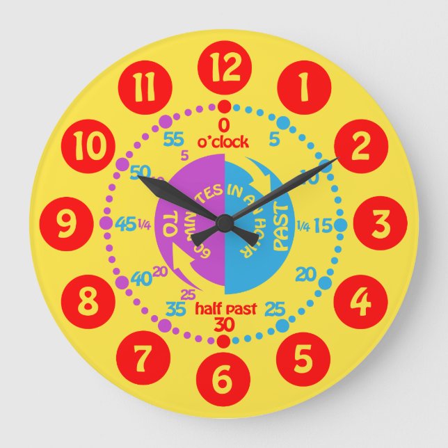 Kids learn to tell time yellow red purple clock (Front)