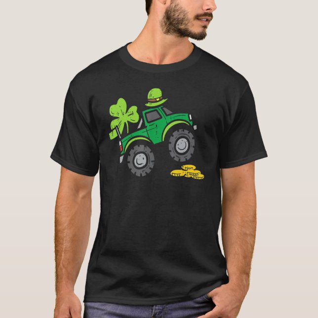 Kids Leprechaun Monster Truck Shamrock St Patrick  T-Shirt (Front)