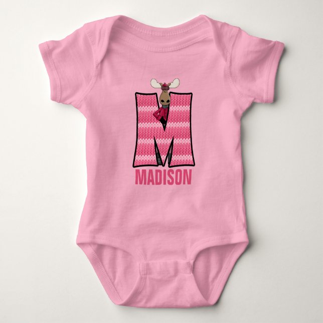 Kids Letter M Monogrammed Pink Knit Moose Baby Bodysuit (Front)