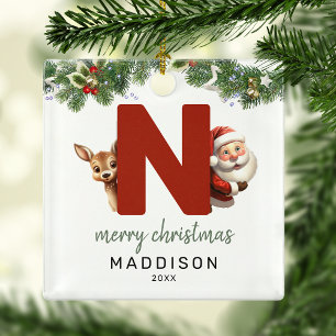 Kids Letter N Monogram Christmas Tree Metal Ornament