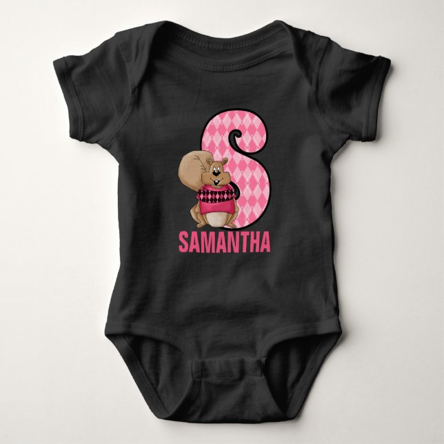 Kids Letter S Monogram Pink Argyle Squirrel Baby Bodysuit (Front)