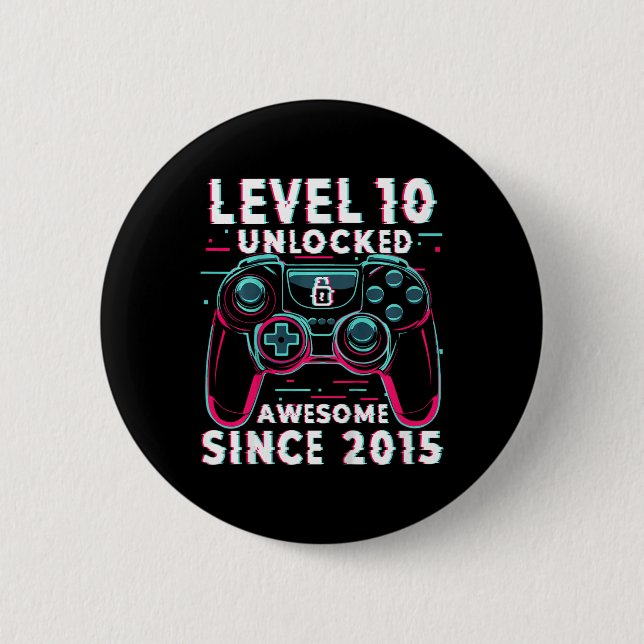 Kids Level 10 Unlocked Video Game 10th Birthday Ga Button (Front)