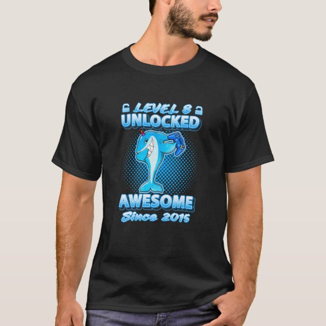 Kids Level 8 Unlocked Gamer Born 2015 Dab Sharkico T-Shirt (Front)