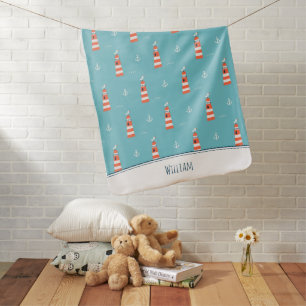 Kids Lighthouse and Anchor Pattern on Blue Baby Blanket