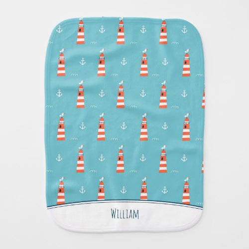 Kids Lighthouse and Anchor Pattern on Blue Baby Burp Cloth