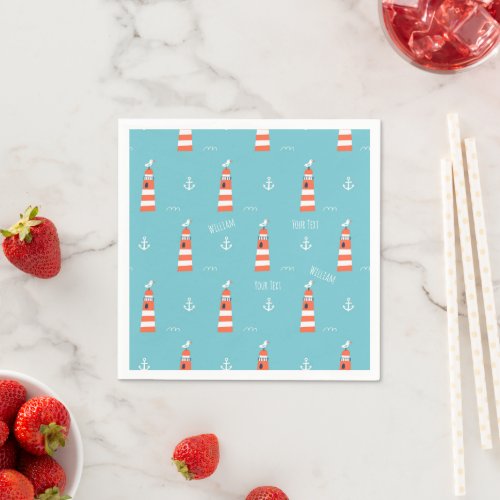 Kids Lighthouse and Anchor Pattern on Blue Napkins