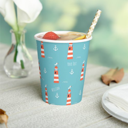 Kids Lighthouse and Anchor Pattern on Blue Paper Cups