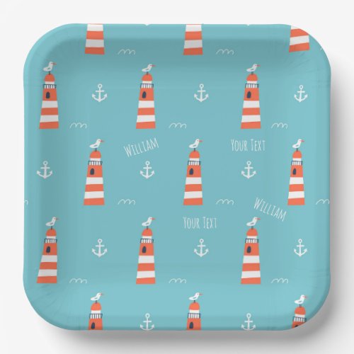 Kids Lighthouse and Anchor Pattern on Blue Paper Plates