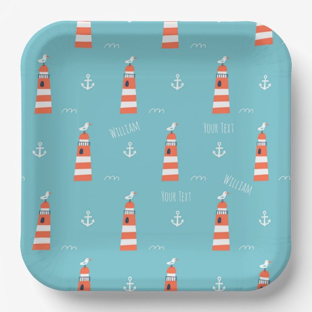 Kids Lighthouse and Anchor Pattern on Blue Paper Plates (Front)