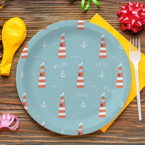 Kids Lighthouse and Anchor Pattern on Blue Paper Plates