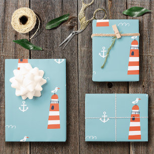 Kids Lighthouse and Anchor Pattern on Blue Wrapping Paper Sheets