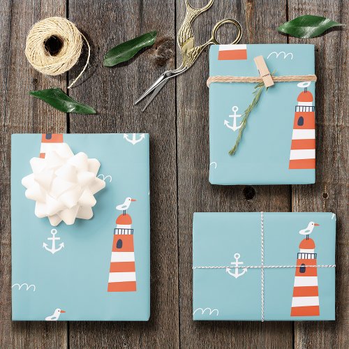 Kids Lighthouse and Anchor Pattern on Blue Wrapping Paper Sheets