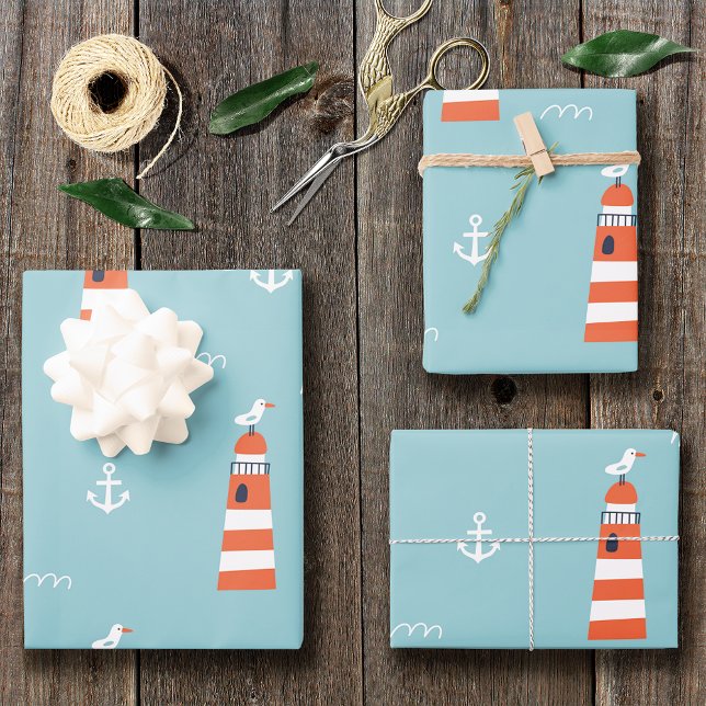 Kids Lighthouse and Anchor Pattern on Blue Wrapping Paper Sheets (Creator Uploaded)
