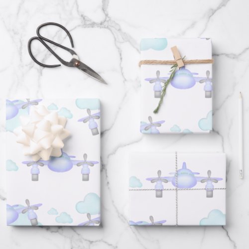 Kids Lilac Airplane Flying Aviation Birthday Wrapping Paper Sheets