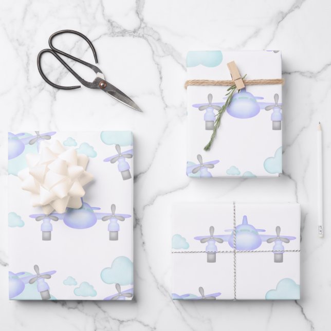 Kids Lilac Airplane Flying Aviation Birthday Wrapping Paper Sheets (Front)
