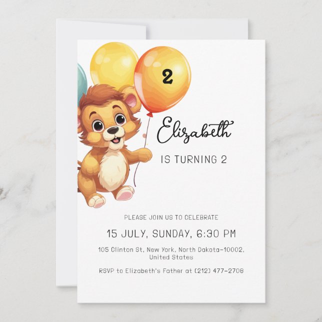 Kids Lion Sage Balloon Funny Birthday Party Invitation (Front)