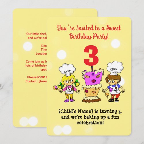 Kids Little Chef 3rd Birthday Baking Party Invitation