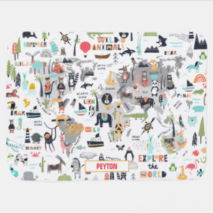 Kids Little Explorer Animal Animal World Map Baby Blanket