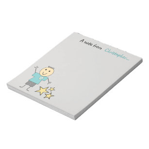 Kids little stick boy gray and green with name notepad