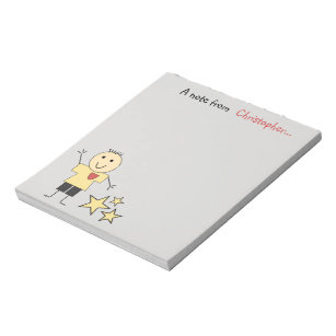 Kids little stick boy gray red yellow with name notepad