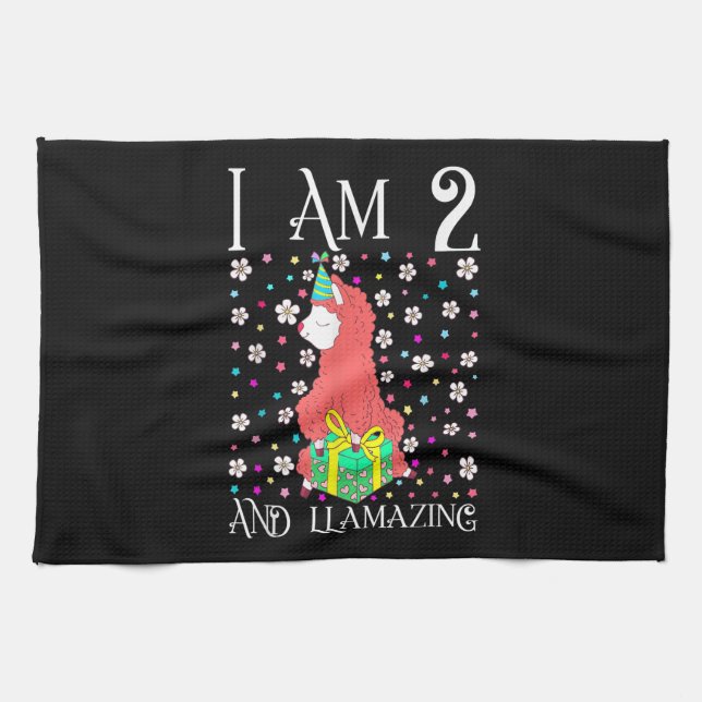 Kids Llama 2 Years Old Pink Llama 2nd Birthday Kitchen Towel (Horizontal)
