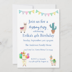 Kids Llama Cactus Birthday Party Invitation