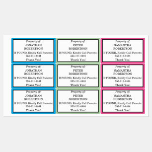 Kids Lost and Found Pink Green Blue NAMES Kids' Labels