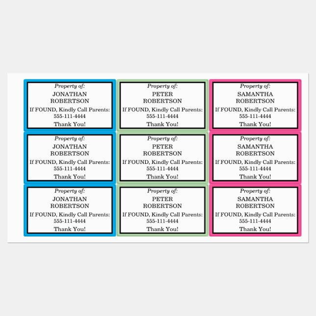 Kids Lost and Found Pink Green Blue NAMES Kids' Labels (Sheet)