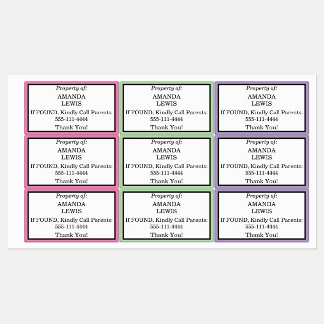 Kids Lost and Found Pink Green Purple NAMES Kids' Labels (Sheet)