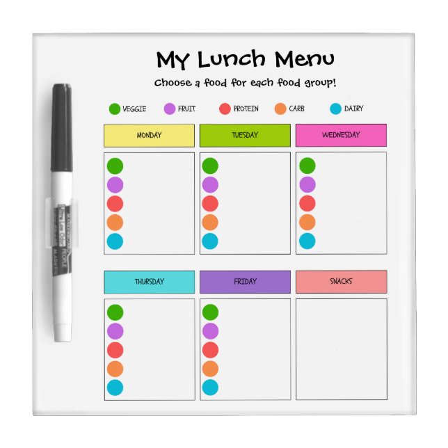 Kids Lunch Planner with Food Groups Dry Erase Board (Front)