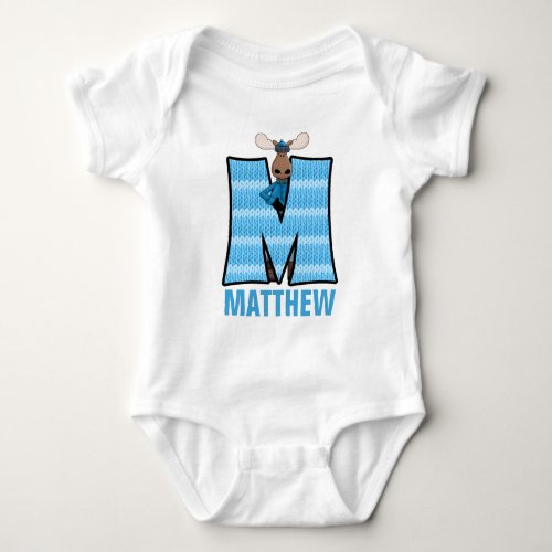 Kids M Monogrammed  Blue Knit Moose Baby Bodysuit