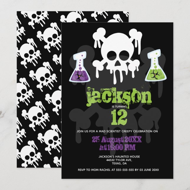 Kids Mad Scientist Creepy Scull Custom Birthday Invitation (Front/Back)
