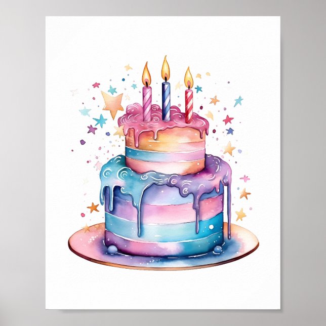 Kids Magical Birthday Wishes - Watercolor Cake Poster (Front)