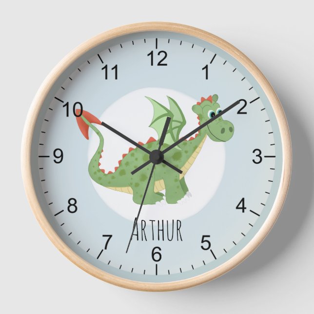 Kids Magical Green Dragon Cartoon Boys Nursery Clock (Front)