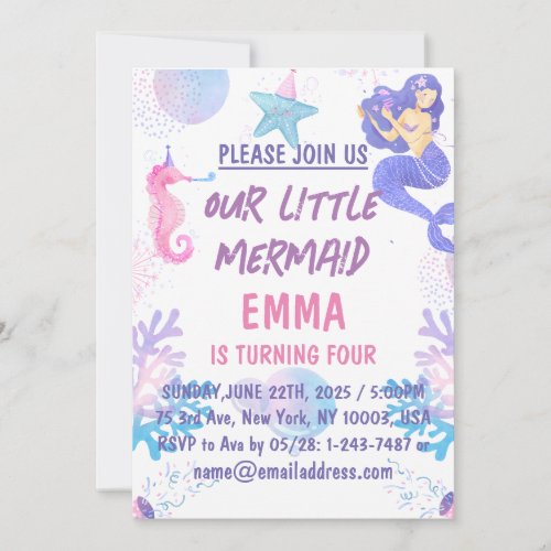 Kids Magical Mermaid Birthday Party Invitation