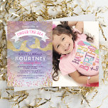 Kids Magical Mermaid Birthday Party Photo Invitation<br><div class="desc">Under the sea birthday invitations featuring a photo of your child,  a colorful pastel mermaid scallop pattern backdrop,  sparkly gold and pink glitter,  seaweed,  two gold glitter mermaid tails,  and a modern kids birthday party template that is easy to personalize.</div>
