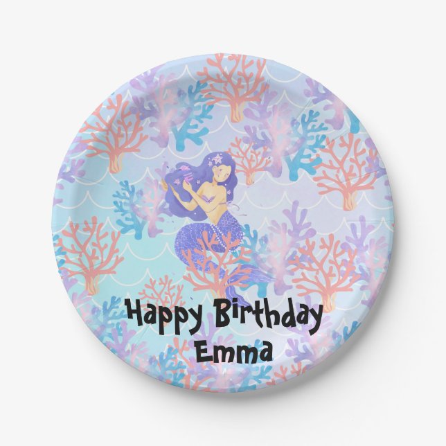 kids magical mermaid under the sea rainbow pastel  paper plates (Front)