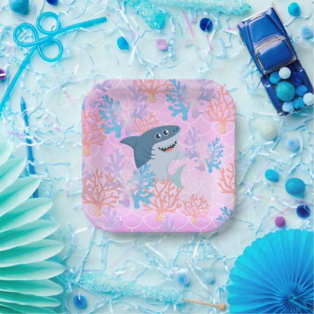kids magical shark under the sea rainbow gradient  paper plates (Party)