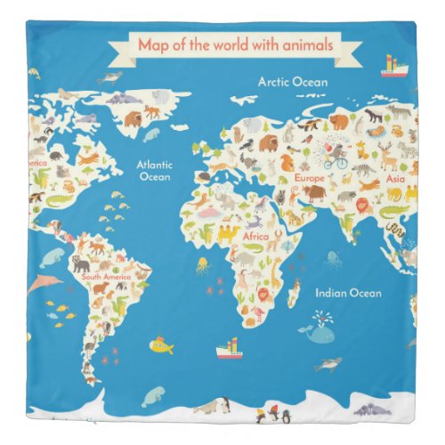 Kids Map of the World With Animals Duvet Cover